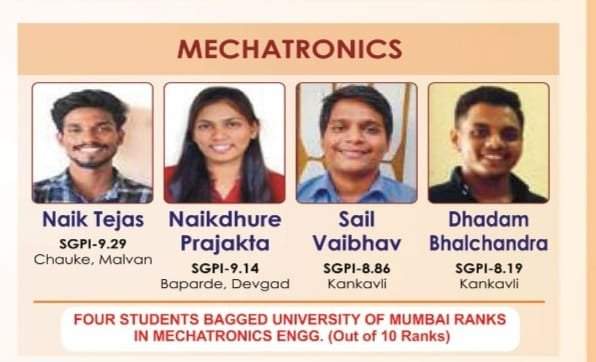 मुंबई विद्यापीठाच्या मेकॅट्रॉनिक्स विभागात पहिले तिन्ही विद्यार्थी एस एस पी एम इंजिनीरिंग कॉलेज कणकवलीचे.